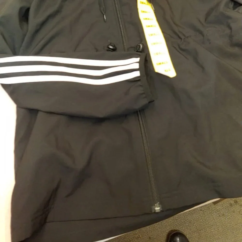 ADIDAS Women Full Zip Hoodie Windbreaker Lightweight Jacket 3 Stripe -Black - Picture 6 of 7